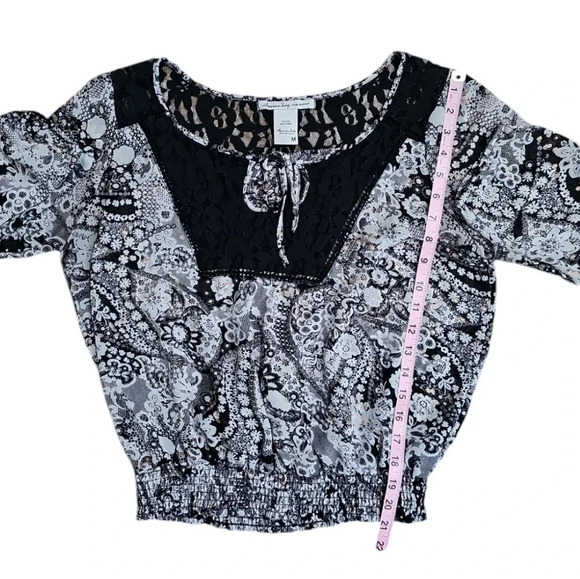 American Rag M Black White Paisley Lace Chiffon Peasant Top Whimsigoth Boho - Picture 7 of 7